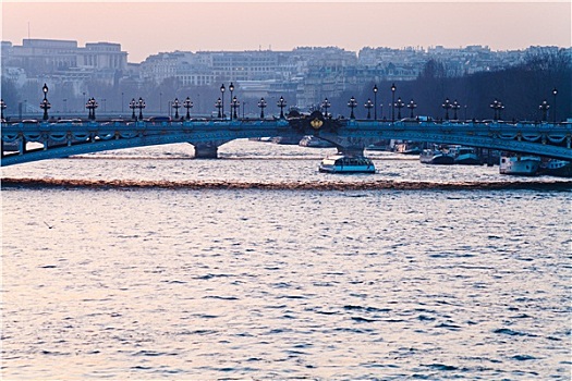 桥,巴黎,粉色,蓝色,日落