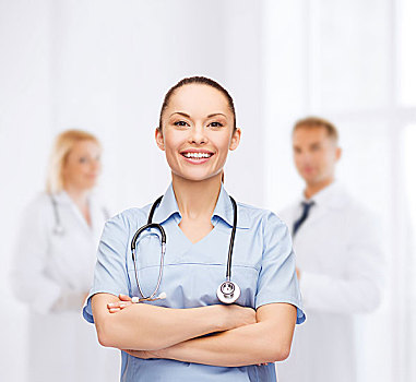 医药健康,概念,微笑,女医生,护理,听诊器