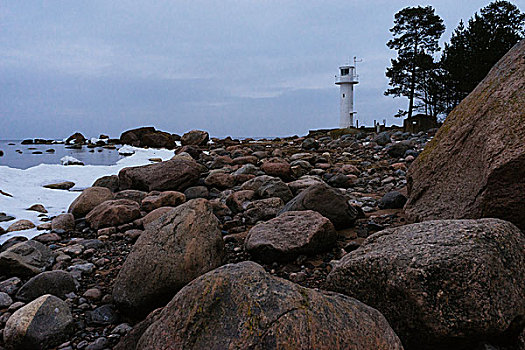 石头,海岸,波罗的海,小,灯塔,冬天
