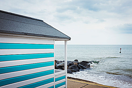 蓝色,白色,条纹,涂绘,海滩小屋,海滩,海岸