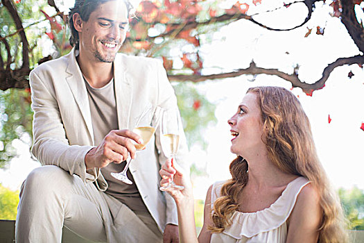 情侣,祝酒,香槟,花园,餐馆