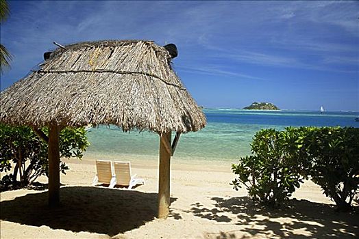 斐济,玛玛努卡群岛,岛屿,海滩,两个,草屋,海滩小屋,远景