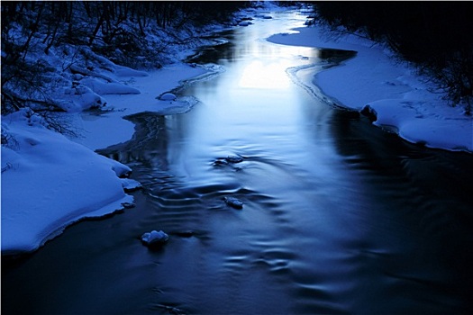 冰,蓝色,河,寒冬,晚间