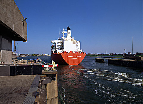 大,船,离开,锁,艾默伊登,北海,运河,荷兰