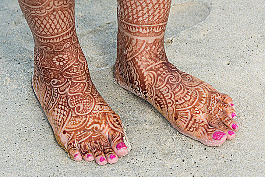脚,桥,涂绘,散沫花染料,传统,印度手绘,设计,海滩,喀拉拉,印度,亚洲
