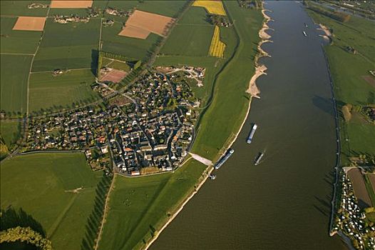 航拍,莱茵河,下莱茵,区域,北莱茵威斯特伐利亚,德国,欧洲