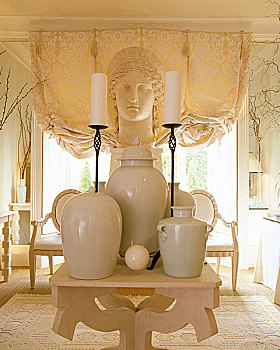 桌子,展示,收集,陶瓷,花瓶,大,半身像,雕塑,方形底座