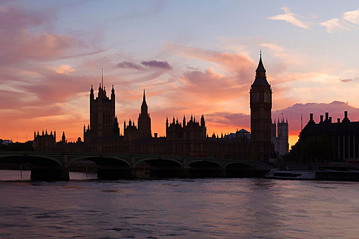 议会大厦,威斯敏斯特桥,剪影,黄昏,伦敦,英格兰,英国,欧洲