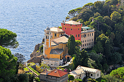 风景,圣乔治奥,教堂,上方,看,利古里亚海,波托菲诺,意大利