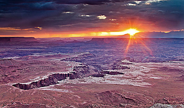 日落,上方,干燥地带,峡谷地国家公园,白色,边缘,俯瞰
