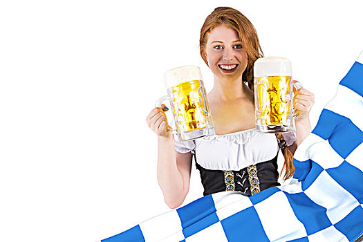 合成效果,图像,女孩,拿着,罐,啤酒,蓝色,白色,旗帜