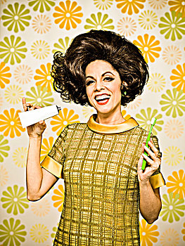 女人,20世纪60年代,风格,连衣裙,花,壁纸,拿着,牙膏