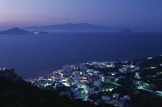 俯拍,城镇,海洋,黄昏,曼德拉基港,多德卡尼斯群岛,希腊