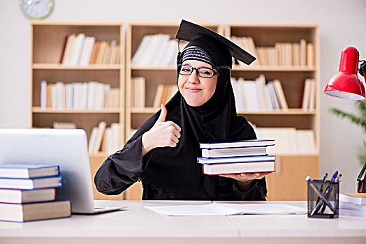 穆斯林,女孩,头巾,学习,准备,考试