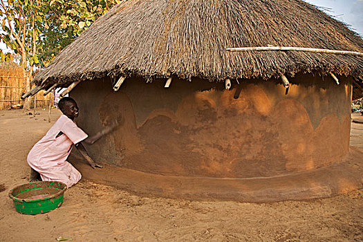 女人,清新,泥,墙壁,小屋,乡村,南,苏丹,十二月,2008年