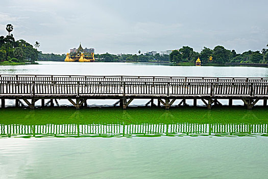 木板路,湖,远景,仰光,分开,缅甸