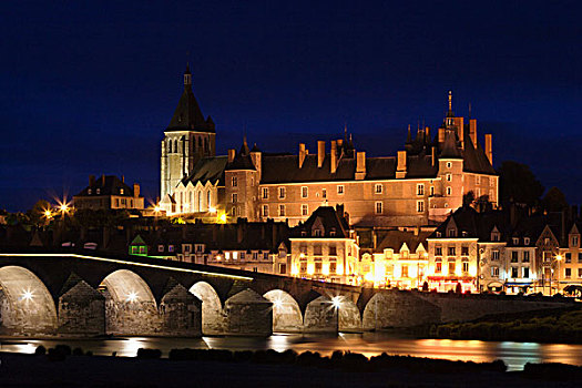 城市,风景,城堡,桥,上方,卢瓦尔河,卢瓦尔河谷,法国,欧洲
