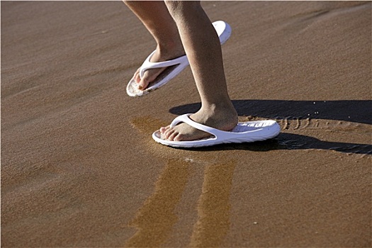 成年,鞋,孩子,脚,海滩,沙子