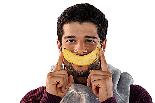 头像,微笑,男人,拿着,香蕉,白色背景