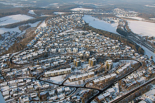 航拍,城镇,雪,冬天,北莱茵威斯特伐利亚,德国,欧洲