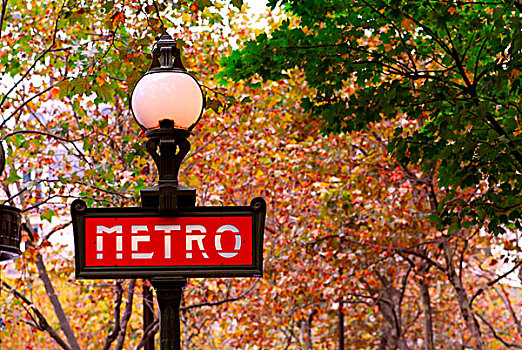 红色,地铁,签到,巴黎,法国,背景,秋天,树