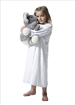 女孩,睡衣,拿着,树袋熊,毛绒玩具