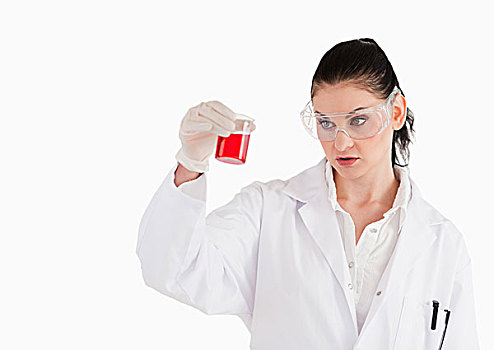 深色头发,科学家,护目镜,看,红色,烧杯