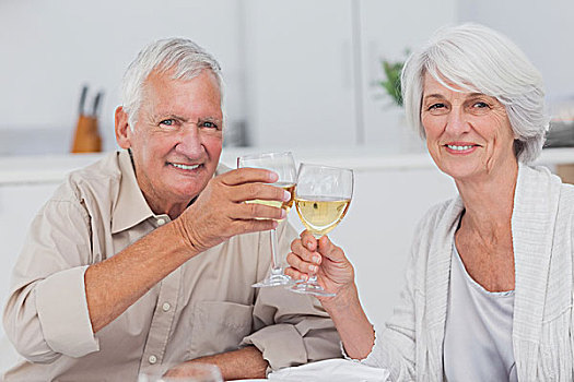 老年,夫妻,祝酒,白葡萄酒,厨房