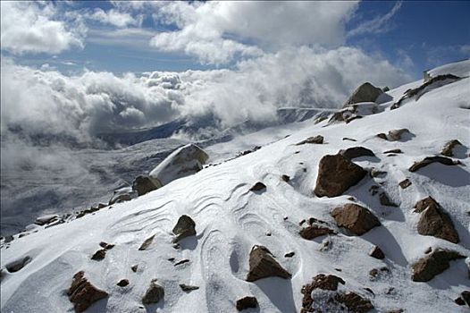 初雪,漂石,云,太阳,山峦,蒙古,阿尔泰,靠近,乌布苏