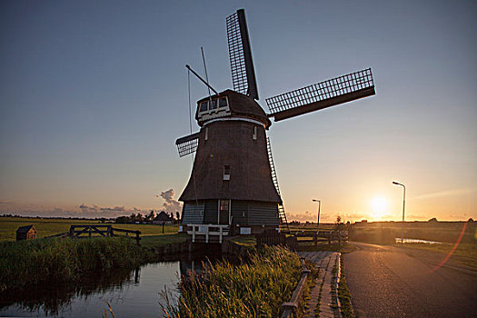 风车,水系,日落,荷兰