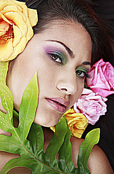 夏威夷,瓦胡岛,时装模特,姿势,花,叶子