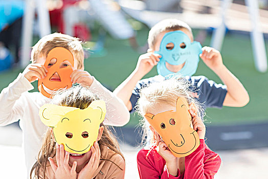 头像,四个孩子,戴着,纸,面具