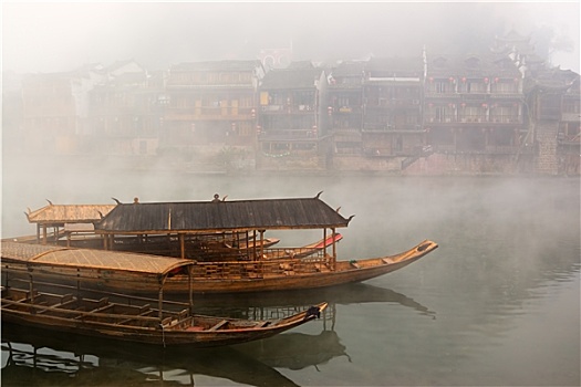 中国,河,风景,船,传统建筑
