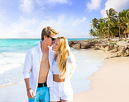 金发,青少年,情侣,走,一起,热带沙滩,加勒比海,墨西哥,照片