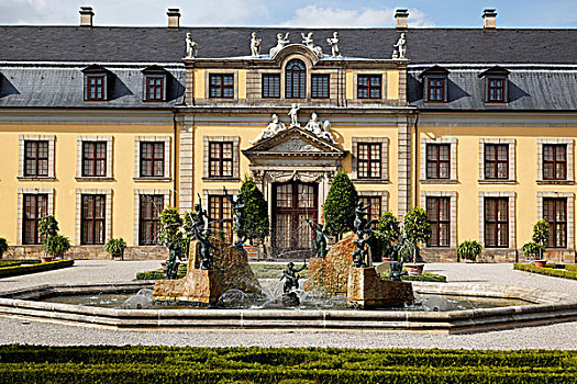 海王星喷泉,橙色,地面,花园,汉诺威,下萨克森,德国,欧洲