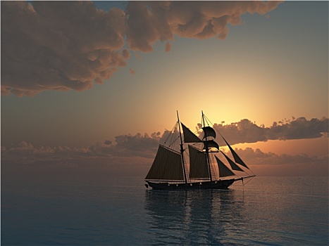日落,海洋,纵帆船