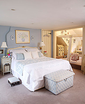 灯,床边,柜子,双人床,乡村风格,蓝色,卧室