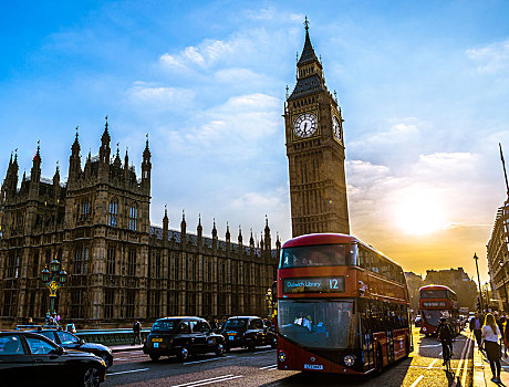 红色,双层巴士,正面,大本钟,议会大厦,逆光,夜光,威斯敏斯特,伦敦,区域,英格兰,英国,欧洲