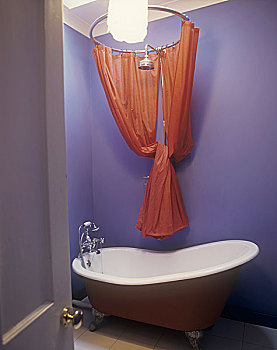 蓝色,涂绘,浴室,爪,有足类,浴缸,红色,浴帘,钢铁,高处