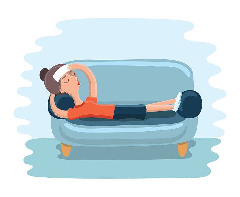 疾病_女性_休息_向上_沙发_女孩_困苦_卡通_插画_女人_躺着_头痛_高清