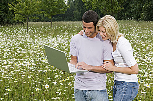一个,男人,女人,花,草地,看,笔记本电脑,显示屏