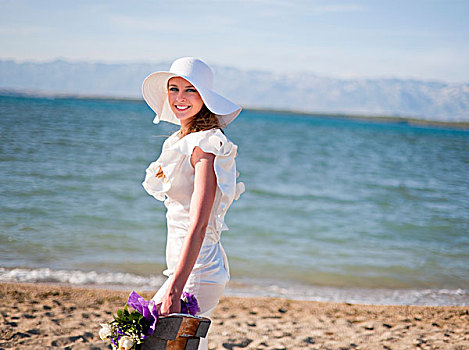 新娘,花束,海滩