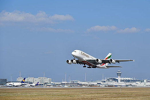 酋长国,空中客车,开端,飞机跑道,南,背影,1号航站楼,塔,慕尼黑,机场,上巴伐利亚,巴伐利亚,德国,欧洲