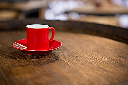 特写,红色,杯碟,桌上,咖啡
