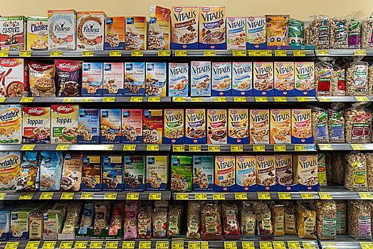 牛奶什锦早餐,不同,种类,架子,德国,超市,欧洲
