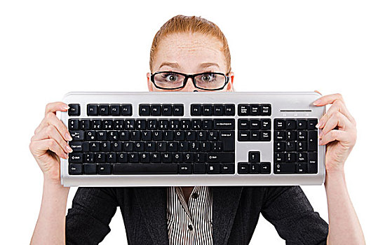 女人,键盘,隔绝,白色背景