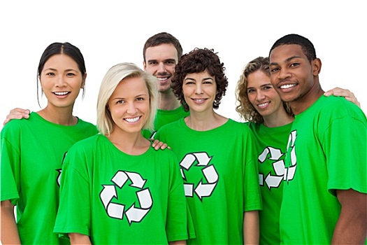 群体,微笑,激进,穿,绿色,衬衫,回收标志,白色背景,背景