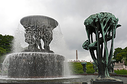 喷泉,青铜,雕塑,维格兰,公园,福洛格纳公园,奥斯陆,挪威,斯堪的纳维亚,北欧,欧洲