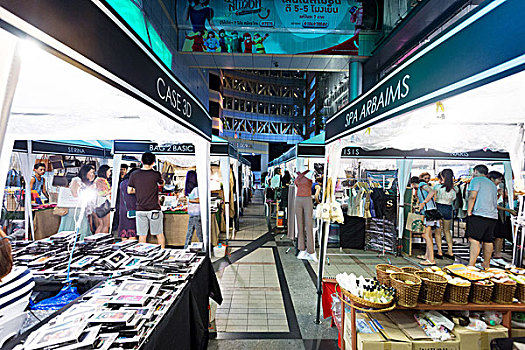 曼谷,游客,购物,跳蚤市场,夜晚