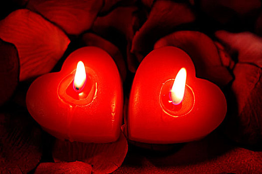 两个,心形,蜡烛,燃烧,一起,和谐
